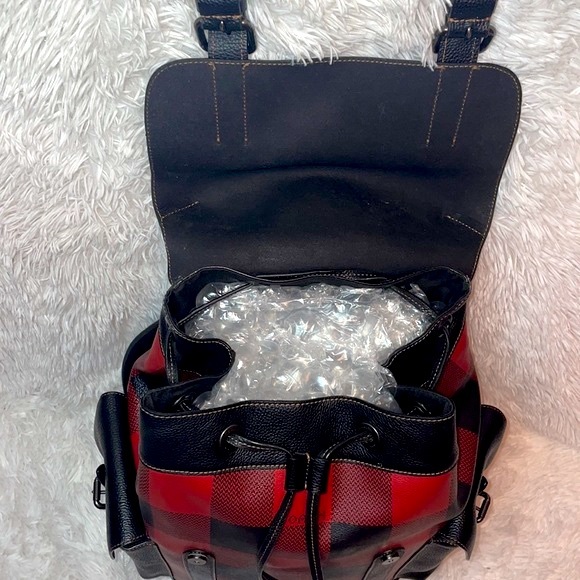 New Coach Unisex Hudson XL Drawstring Backpack in Red Black Buffalo Plaid Print - Picture 11 of 17
